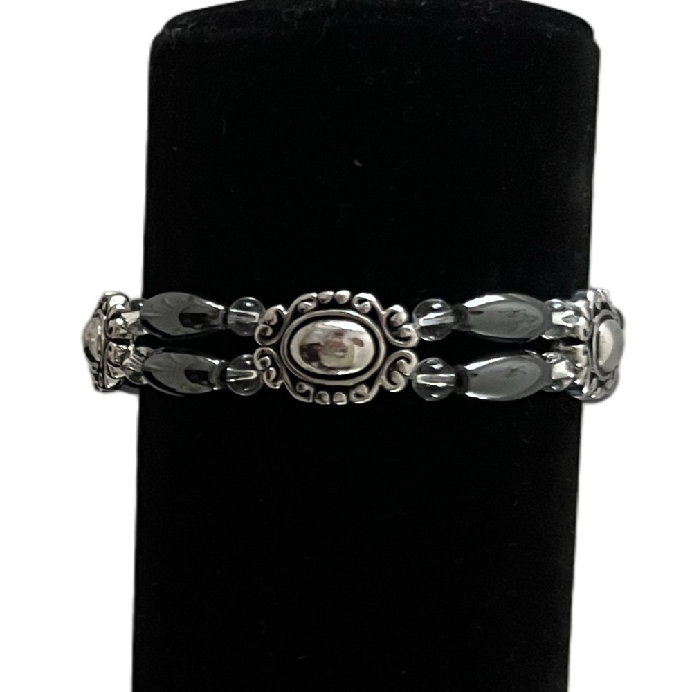 Vintage Hematite & Silver-Tone Magnetic Bracelet with Ornate Oval Accents